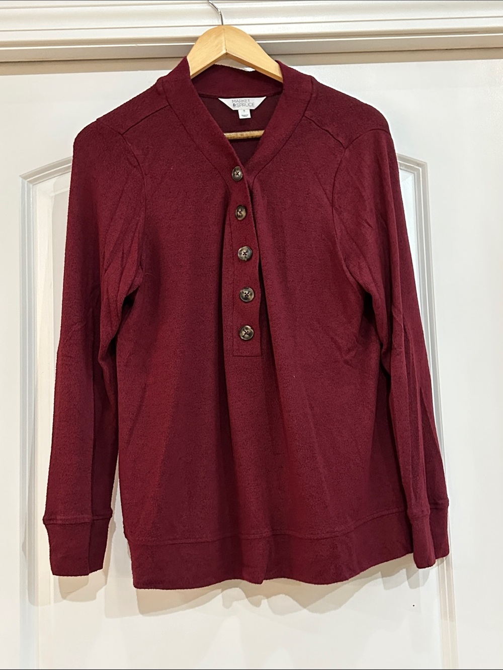 Market & Spruce Burgundy Henley Button Long Sleeve Top